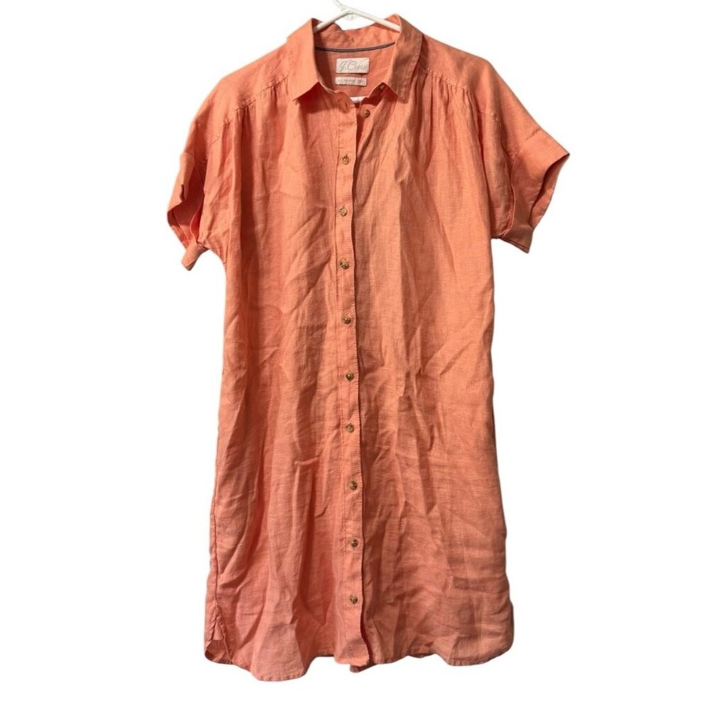 J. Crew Women Size S Relaxed Fit Linen Shirtdress Orange Peach‎ Button Up Beachy